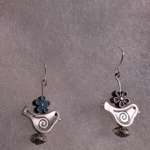 Whimsical Silver Bird Earrings with Blue Accents